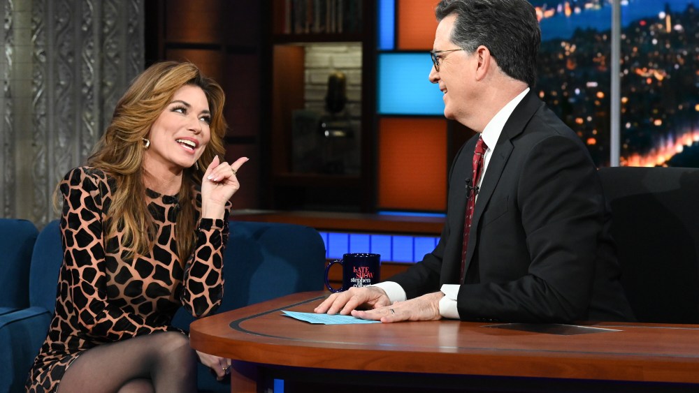 giraffe animal print bronx and banco mini dress, The Late Show with Stephen Colbert and guest Shania Twain during Wednesday’s January 4, 2023 show. Photo: Scott Kowalchyk/CBS ©2022 CBS Broadcasting Inc. All Rights Reserved.