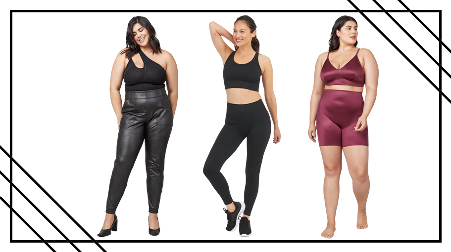 three models in Spanx undergarments and workout apparel on sale today.