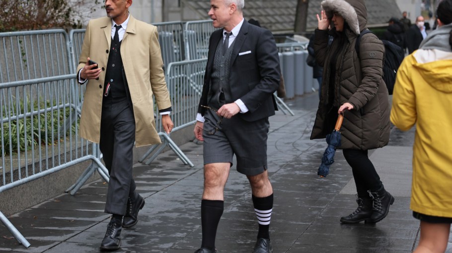 Fashion designer Thom Browne arrives to Manhattan Federal Court on Jan. 3, 2023 in New York City. Adidas filed a lawsuit against Browne for his repeated use of a four stripes motif that the company alleges “imitates” Adidas signature Three Stripes.