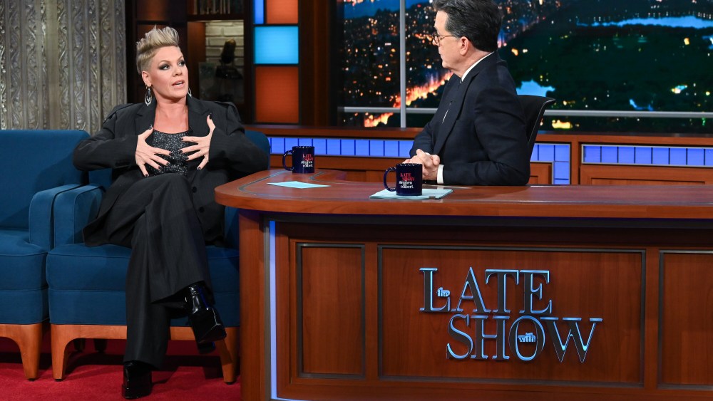 The Late Show with Stephen Colbert and guest P!nk during Tuesday’s February 21, 2023 show. Photo: Scott Kowalchyk/CBS ©2023 CBS Broadcasting Inc. All Rights Reserved.