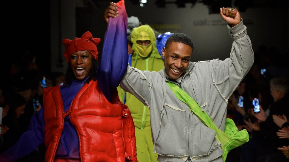 Yaku Stapleton with models wearing his Central Saint Martins MA Fashion graduate collection