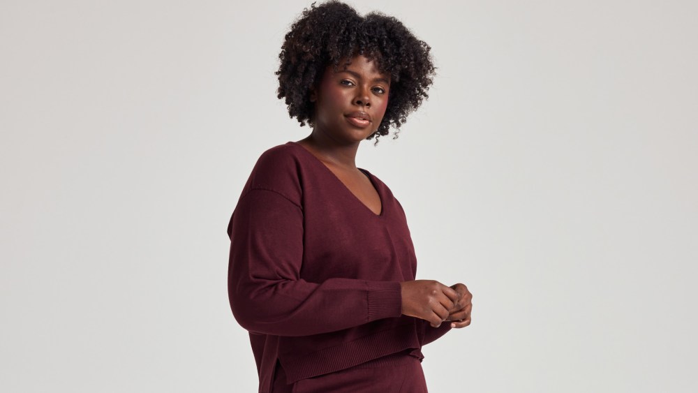 A model wears a Bordeaux wine set from Losano first luxury knitwear line.