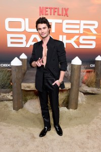 Chase Stokes at the Los Angeles premiere of "Outer Banks" season 3 held at Regency Village Theatre on February 16, 2023 in Los Angeles, California.