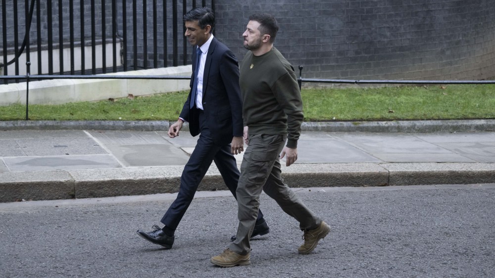 LONDON, UNITED KINGDOM - FEBRUARY 08: Ukrainian President Volodymyr Zelenskyy (R) meets with Prime Minister of United Kingdom Rishi Sunak (L) at 10 Downing Street in London, United Kingdom on February 08, 2023. (Photo by Rasid Necati Aslim/Anadolu Agency via Getty Images)