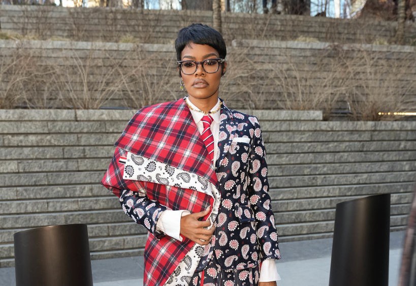 Teyana Taylor's outfit to the Thom Browne fall 2023 ready-to-wear fashion show on Feb. 14 in New York City.