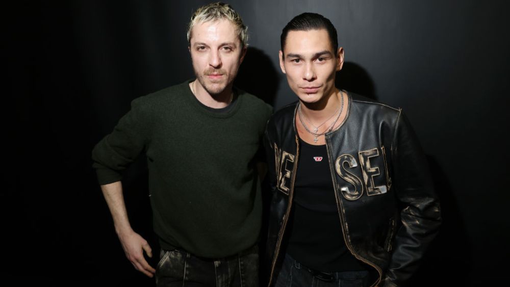 MILAN, ITALY - FEBRUARY 22: Glenn Martens and Evan Mock are seen at the Diesel Fashion Show during Milan Fashion Week Womenswear Fall/Winter 2023/24 on February 22, 2023 in Milan, Italy. (Photo by Victor Boyko/Getty Images for Diesel)