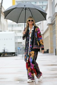Heidi Klum, America's Got Talent, Crocs, white crocs, womens crocs, unisex crocs, Farm Rio, printed dress, printed pants, printed shirt, sunglasses