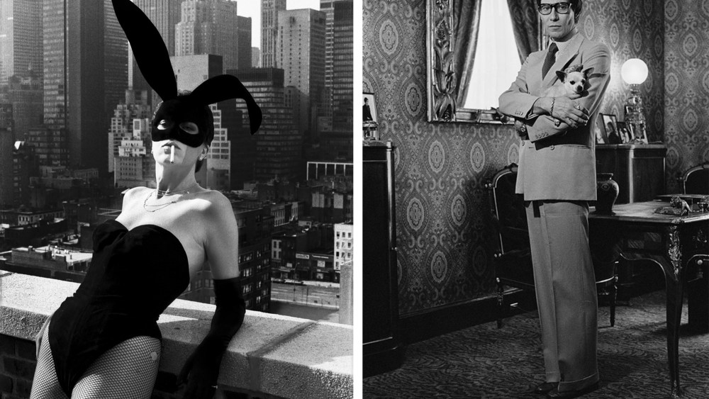 Left, Helmut Newton's photograph of Elsa Peretti "Bunny Shot," New York, 1975 and Alice Springs' "Yves Saint Laurent and Hazel," Paris, 1978.
