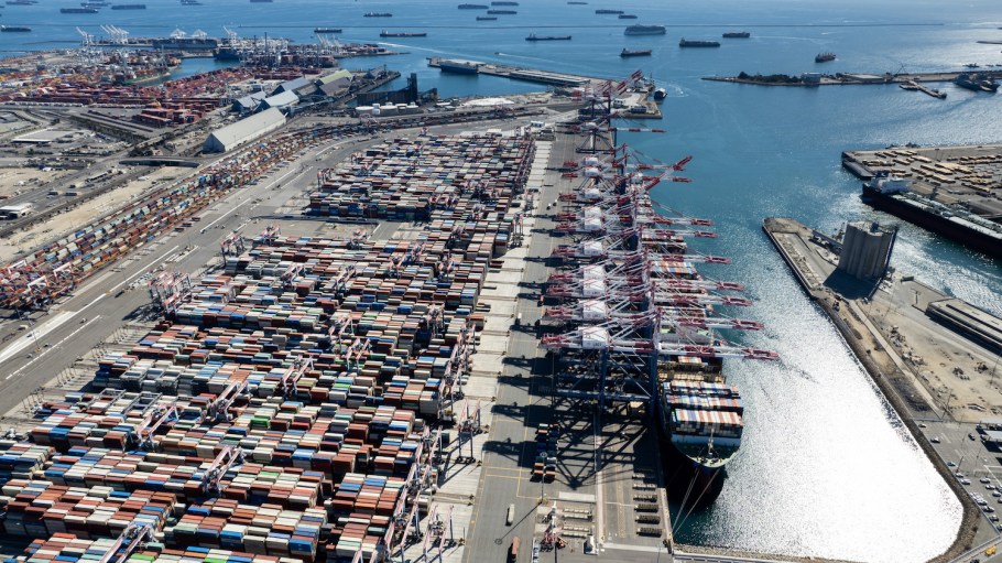 Aerial view of containers waiting at Port of Long Beach to be loaded onto trains and trucks on October 16, 2021 in Long Beach, California.