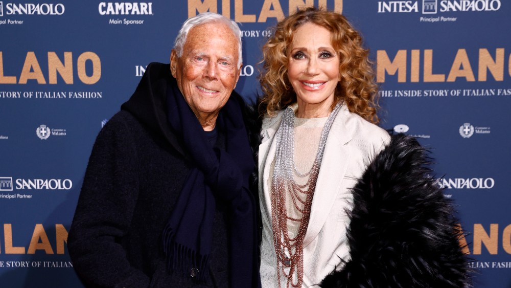 MILAN, ITALY - FEBRUARY 26: Giorgio Armani and Marisa Berenson attend the red carpet premiere of the movie "Milano: The Inside Story Of Italian Fashion" at The Space Odeon on February 26, 2023 in Milan, Italy. (Photo by John Phillips/Getty Images for Beaver Lake Pictures)