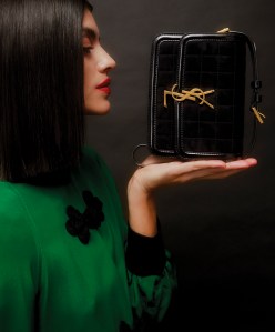 Saint Laurent’s suede and patent leather Solferino handbag. Gucci silk marocain minidress.