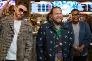 You People. (L to R) Bryan Greenberg as Isaac, Jonah Hill (Writer-Producer) as Ezra and Sam Jay as Mo in You People. Cr. Parrish Lewis/Netflix © 2023.