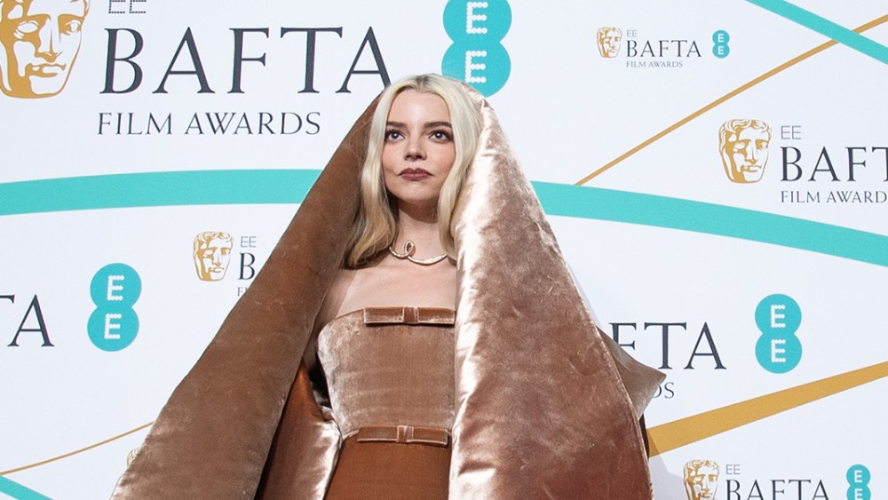 LONDON, ENGLAND - FEBRUARY 19: Anya Taylor-Joy in gold schiaparelli dress attends the EE BAFTA Film Awards 2023 at The Royal Festival Hall on February 19, 2023 in London, England. (Photo by Jeff Spicer/Getty Images)
