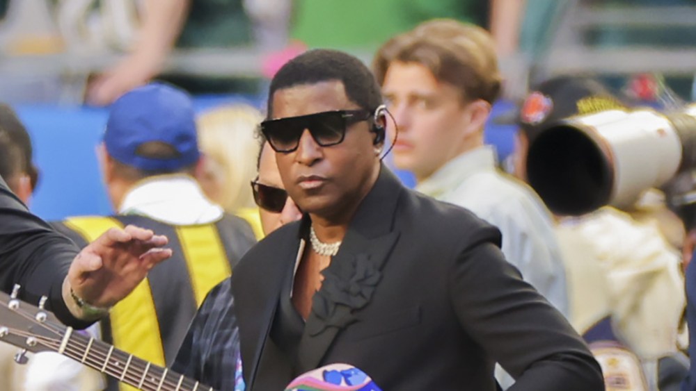 Babyface walks onto the field at the Super Bowl LVII Pre-Show held at State Farm Stadium on February 12, 2023 in Glendale, Arizona.