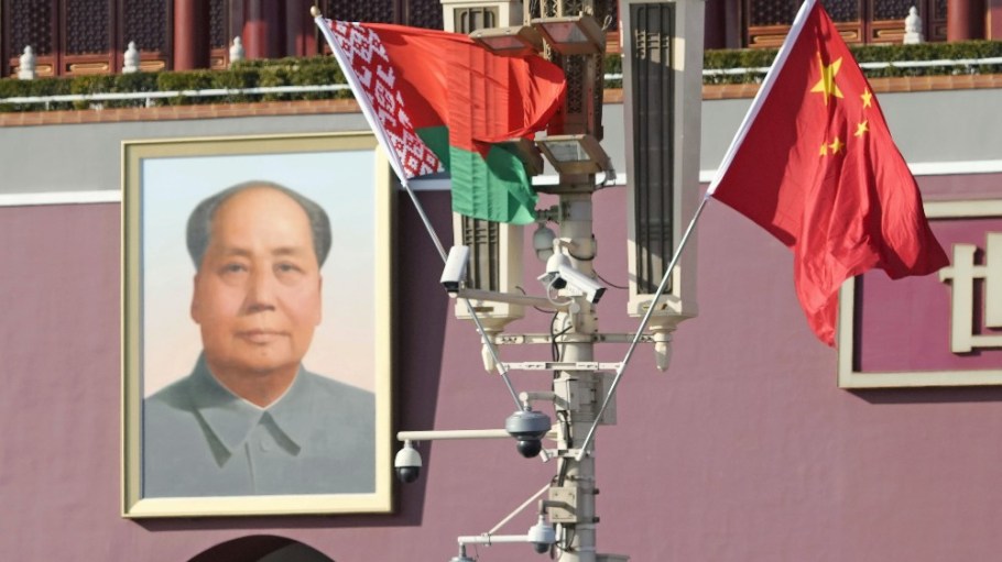 A Belarusian flag flies with a Chinese flag in front of Tiananmen Square in Beijing on Feb. 28 to mark Belarusian President Alexander Lukashenko's visit to China.