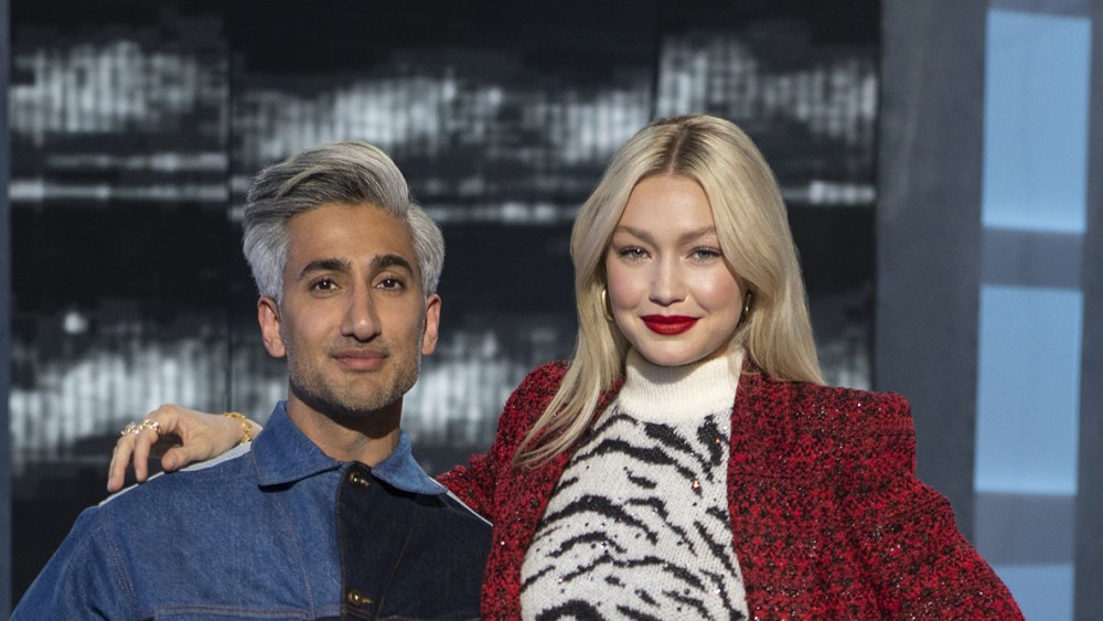 Next in Fashion. (L to R) Host Tan France, Host Gigi Hadid in episode 103 of Next in Fashion. Cr. Spencer Pazer/Netflix © 2023