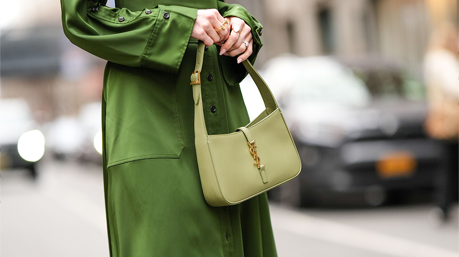 Green fashion trend trench coat and ysl bag