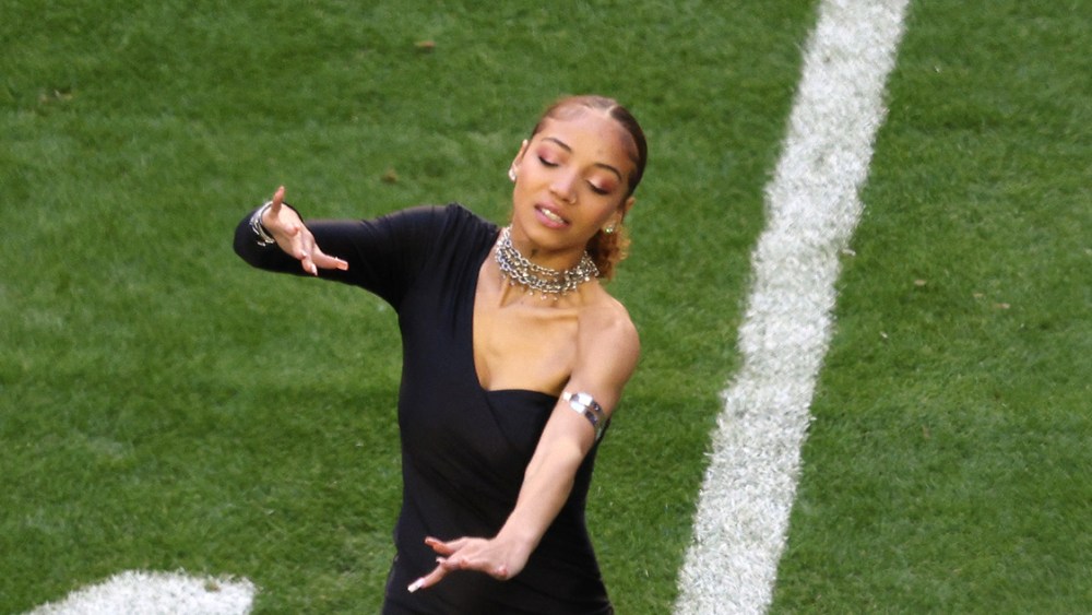 GLENDALE, ARIZONA - FEBRUARY 12: Justina Miles performs "Lift Every Voice and Sing" in American Sign Language prior to Super Bowl LVII between the Kansas City Chiefs and Philadelphia Eagles at State Farm Stadium on February 12, 2023 in Glendale, Arizona. (Photo by Rob Carr/Getty Images)