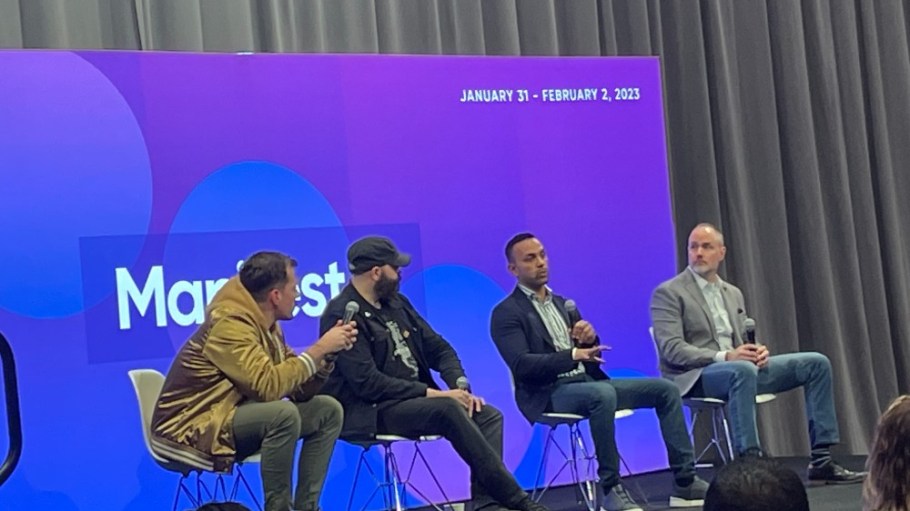 Left to right: Loop Returns' Jonathan Poma, Freightwaves' Timothy Dooner (moderator), Reverselogix's Gaurav Saran and Genesco's Leif Revere.