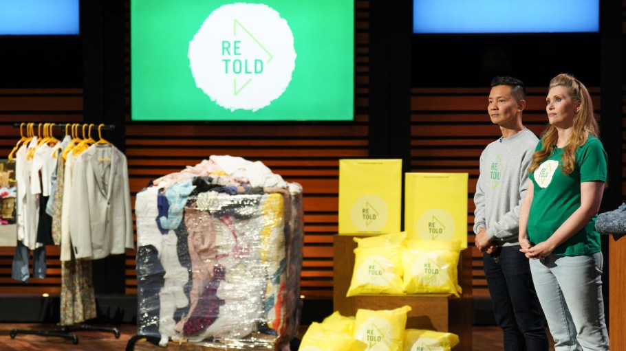 Allen Yeoh and Amelia Trumble, co-founders of Retold Recycling, listen to feedback from the sharks on ABC's Shark Tank, which aired Friday.
