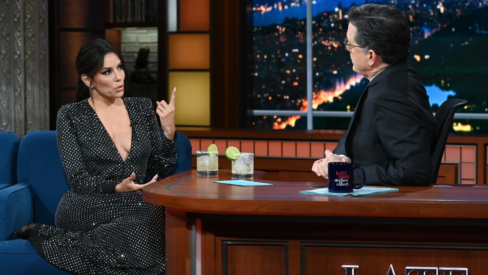The Late Show with Stephen Colbert and guest Eva Longoria during Tuesday’s March 7, 2023 show. Photo: Scott Kowalchyk/CBS ©2023 CBS Broadcasting Inc. All Rights Reserved.