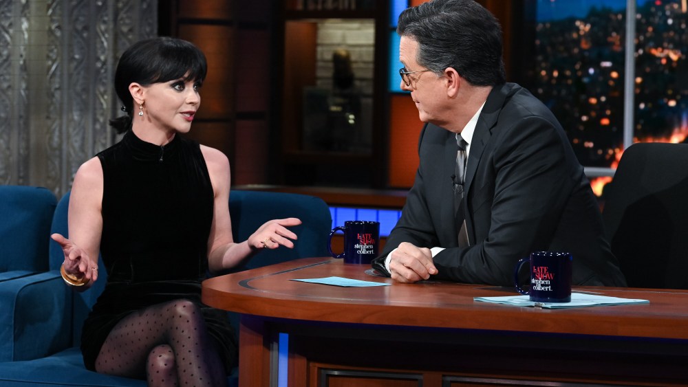 The Late Show with Stephen Colbert guest Christina Ricci during Monday’s March 13, 2023 show. Photo: Scott Kowalchyk/CBS ©2023 CBS Broadcasting Inc. All Rights Reserved.