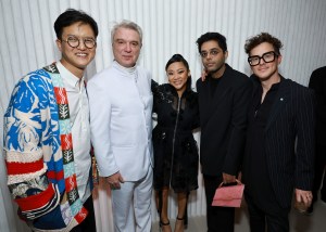BEVERLY HILLS, CALIFORNIA - MARCH 10: (2nd L-R) David Byrne, Stephanie Hsu, Rafiq Bhatia of Son Lux, and guests pose as Vanity Fair and Richard Mille host a private cocktail party honoring A24's "Everything Everywhere All at Once" in Los Angeles at Mandarin Oriental Residences Beverly Hills on March 10, 2023 in Beverly Hills, California. (Photo by Matt Winkelmeyer/Getty Images for Vanity Fair)