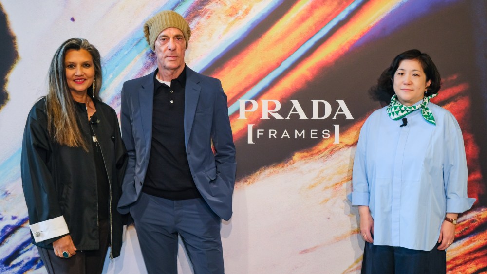 Suhanya Raffel, Jacques Herzog and Yokoyama Ikko at Prada Frames Hong Kong at M+ Museum on March 21, 2023 in Hong Kong, China.