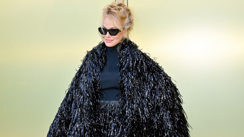 Pamela Anderson at the Versace Fall-Winter 2023 Fashion Show held at Pacific Design Center on March 9, 2023 in West Hollywood, California.