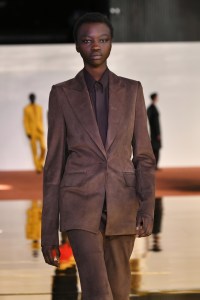Model on the runway at Gabriela Hearst Fall 2023 Ready To Wear Fashion Show at Agger Fish Building on February 14, 2023 in New York, New York.