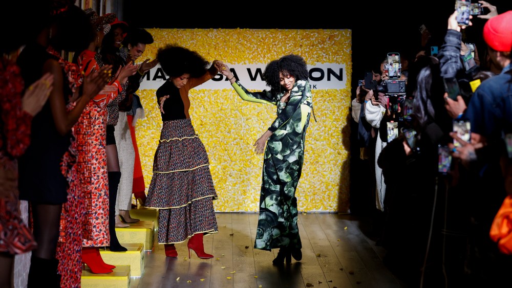 Pat Cleveland and Marisa Wilson closing out the designer's fall runway show.