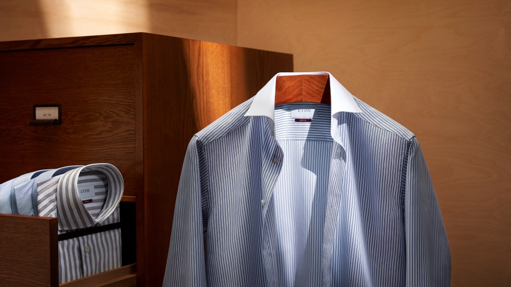 An Eton shirt featuring repurposed fabrics.