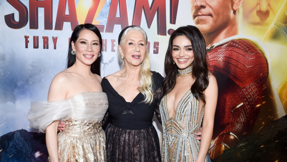 Lucy Liu, Helen Mirren and Rachel Zegler at the premiere of "Shazam! Fury of the Gods" held at Regency Village Theatre on March 14, 2023 in Los Angeles, California.