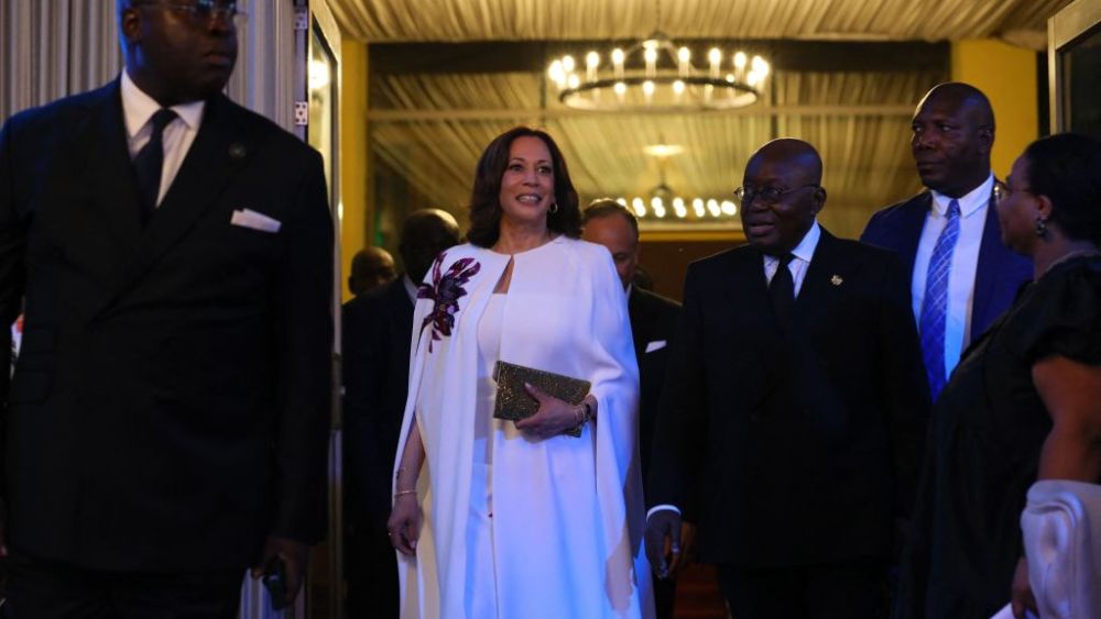 US Vice President Kamala Harris (2nd L) and Ghanas President Nana Akufo-Addo (3rd R) arrive at arrive for the state banquet at the Jubilee House in Accra, Ghana, on March 27, 2023. - US Vice President Kamala Harris arrived in Ghana on March 26, 2023 at the start of a three-nation African tour, as Washington looks to strengthen diplomatic ties on the continent.
The trip to Ghana, Tanzania and Zambia until April 2 comes after a December summit hosted by President Joe Biden in Washington with US leaders and counterparts from Africa, a continent where China and Russia are enjoying rising influence. (Photo by Nipah Dennis / AFP) (Photo by NIPAH DENNIS/AFP via Getty Images)
