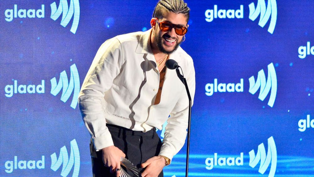 BEVERLY HILLS, CALIFORNIA - MARCH 30: Bad Bunny, winner of the Vanguard Award, speaks onstage during the 34th Annual GLAAD Media Awards at The Beverly Hilton on March 30, 2023 in Beverly Hills, California. (Photo by Jerod Harris/Getty Images)