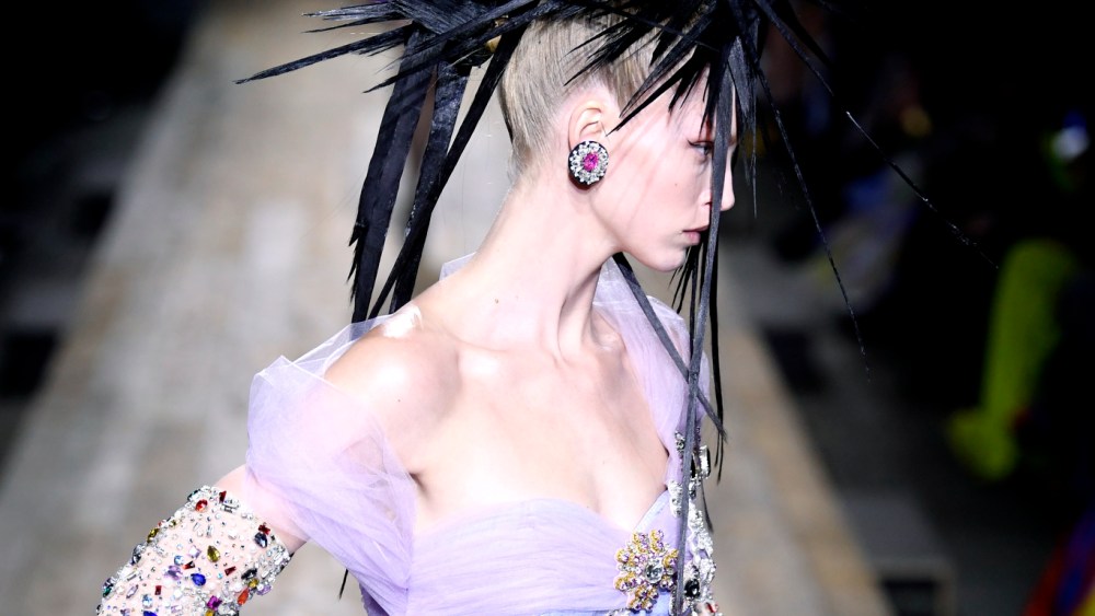 Model on the runway at Moschino Fall 2023 Ready To Wear Runway Show on February 23, 2023 at Officina Ventura in Milan, Italy.