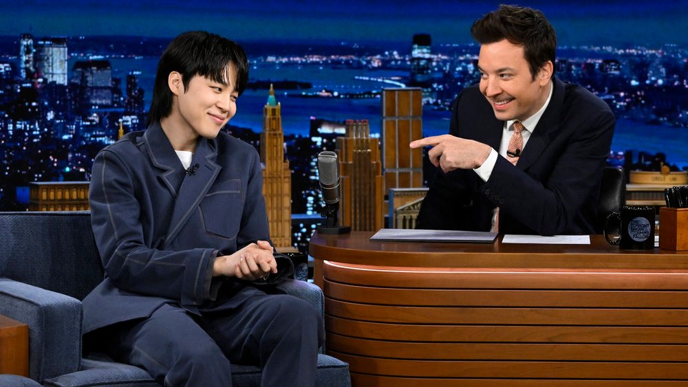 THE TONIGHT SHOW STARRING JIMMY FALLON -- Episode 1821 -- Pictured: (l-r) Singer Jimin during an interview with host Jimmy Fallon on Thursday, March 23, 2023 -- (Photo by: Todd Owyoung/NBC)