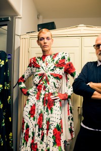 Model Backstage at Richard Quinn Fall 2023 Ready To Wear Runway Show at Seymour Leisure Centre on February 18, 2023 in London, England.