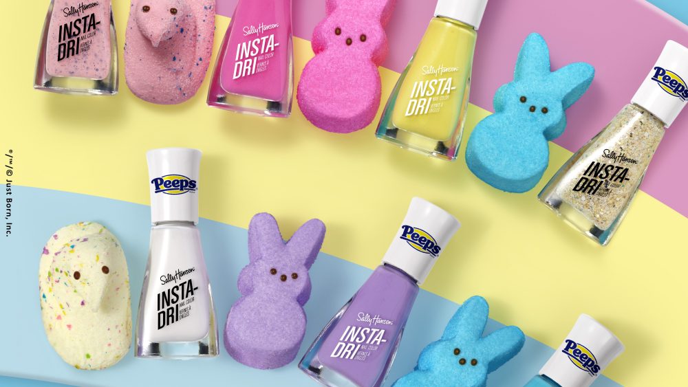 The complete seven shades of the  Sally Hansen Insta-Dri x Peeps Collection.