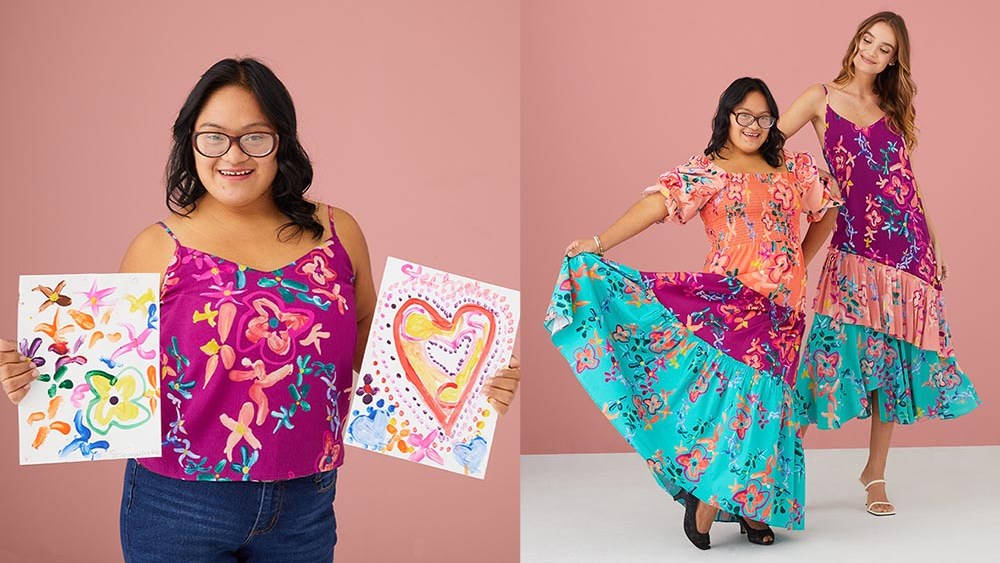 Stephanie Portoviejo and a model wear Alivia dresses inspired by her artwork.