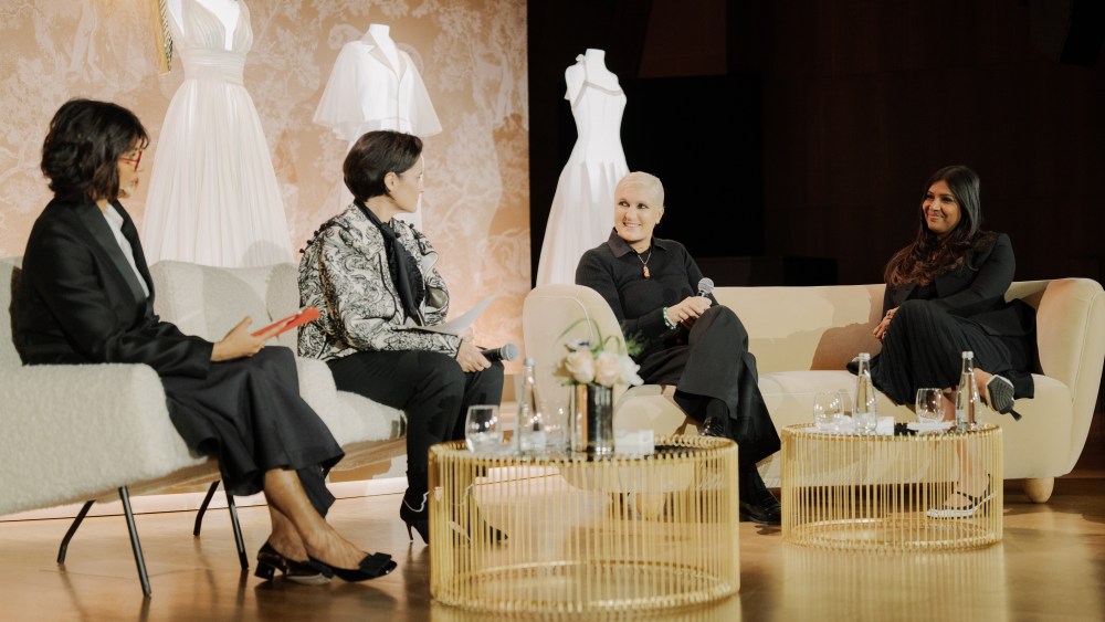 Emmanuelle Favre, Maria Grazia Chiuri and Karishma Swali on stage with presenter Asha Sumputh at the Women@Dior conference.