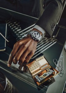 Vacheron Constantin’s Panda Overseas chronograph in 22-karat gold. Louis Vuitton blazer; Gabriela Hearst sweater.