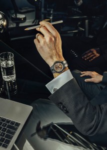 Chopard’s Alpine Eagle 41 XPS in Lucent Steel A223 with textured "Monte Rosa Pink" dial. Emporio Armani suit; Paul Stuart shirt; Chopard cuff links.