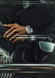 Chanel’s J12 Cybernetic watch, 38-mm, in black-and-white highly resistant ceramic and steel. Sunspel turtleneck; Alexander McQueen pants; Celine belt; Saint Laurent sunglasses.