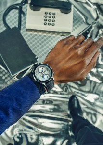 Montblanc’s 1858 Geosphere chronograph 0 Oxygen The 8000 Limited Edition 290 in 44-mm titanium case. L.B.M. 1911 blazer; Alexander McQueen pants; Celine boots.