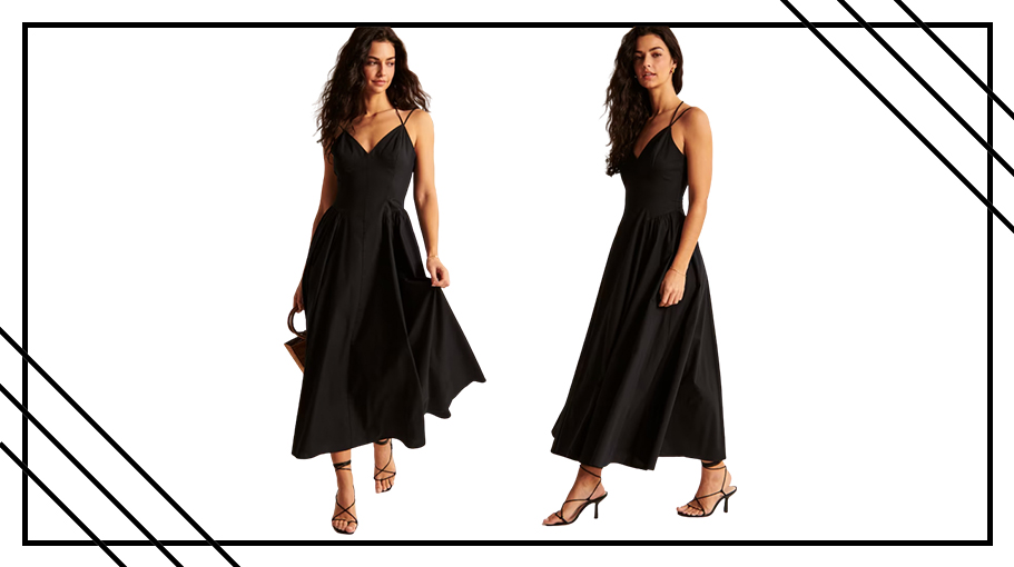 Abercrombie's viral Strappy Plunge Corset Maxi Dress shown on model