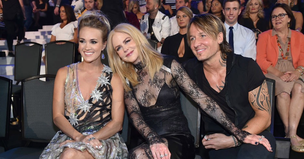 NASHVILLE, TN - JUNE 07:  Carrie Underwood, Nicole Kidman and Keith Urban pose in the audience during the 2017 CMT Music Awards at the Music City Center on June 6, 2017 in Nashville, Tennessee.  (Photo by Mike Coppola/Getty Images for CMT)
