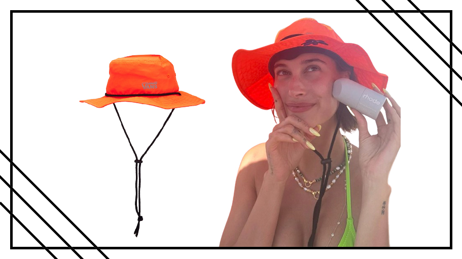 Hailey Bieber wearing Vans bucket hat on vacation with still life image of sun hat