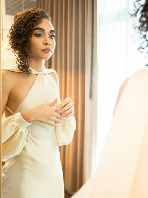 Bailey Bass at the 2023 Oscars in a gown made with Lenzing's Tencel Luxe sustainable material.