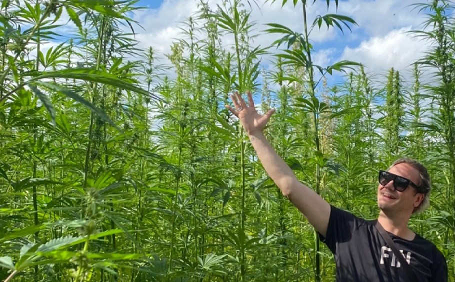 Nicholas Kirkwood, on a hemp farm close to Margate, UK, where he is building a factory.